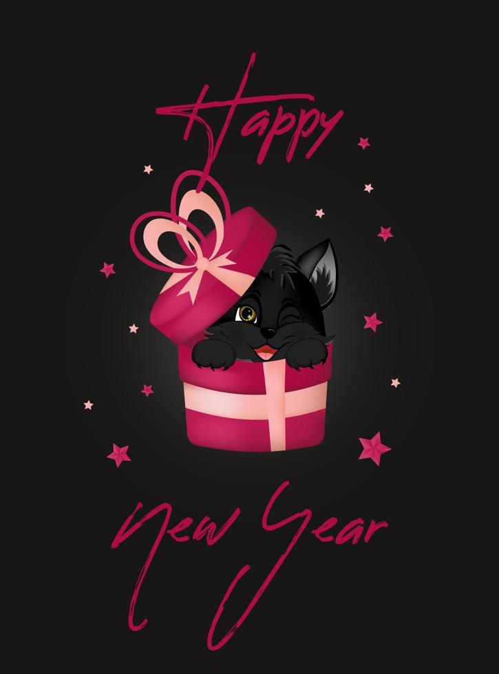 Greeting postcard. Happy new year 2023 with black cat, sitting in the gift box. vector