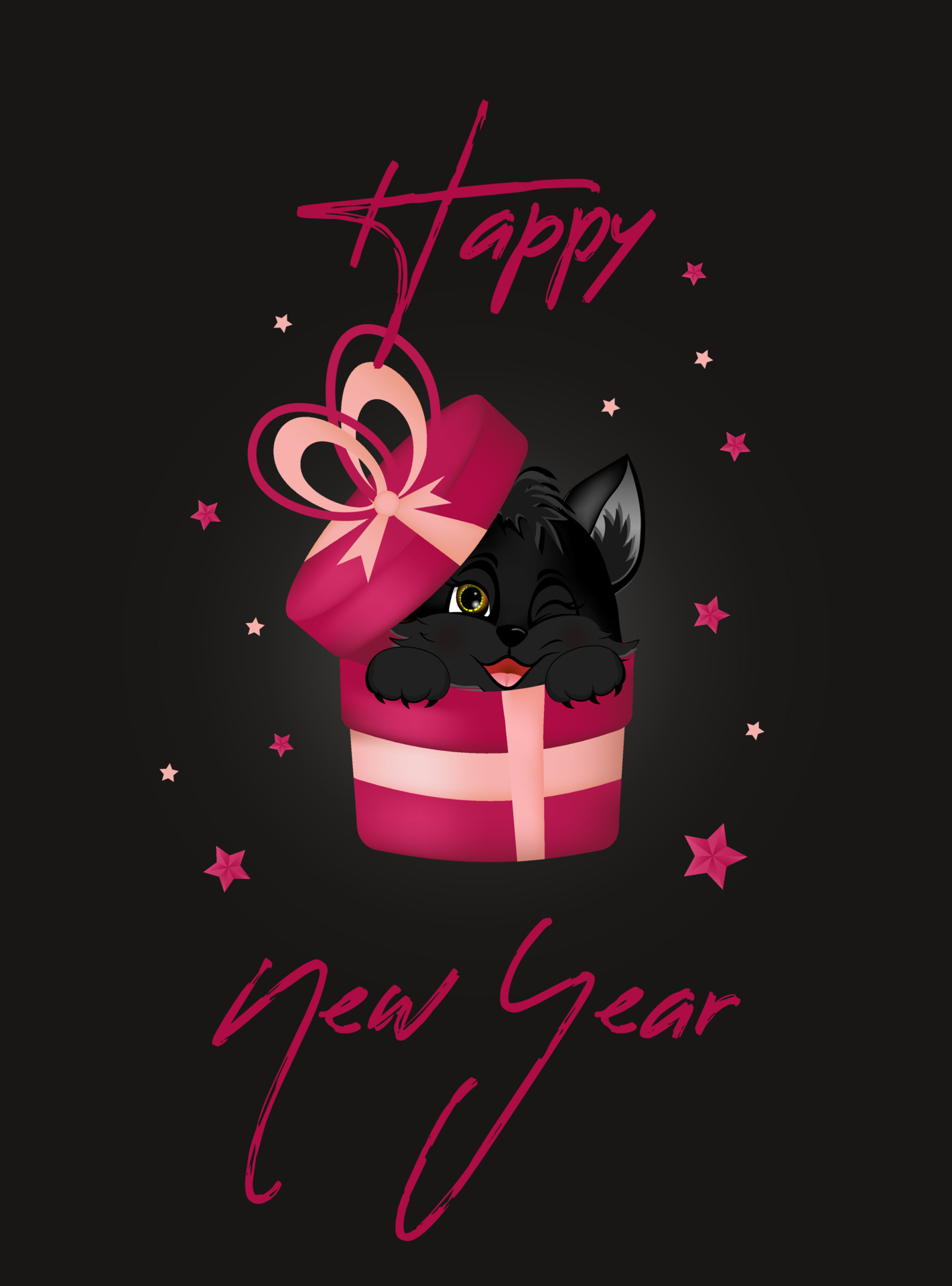 Greeting postcard. Happy new year 2023 with black cat, sitting in the