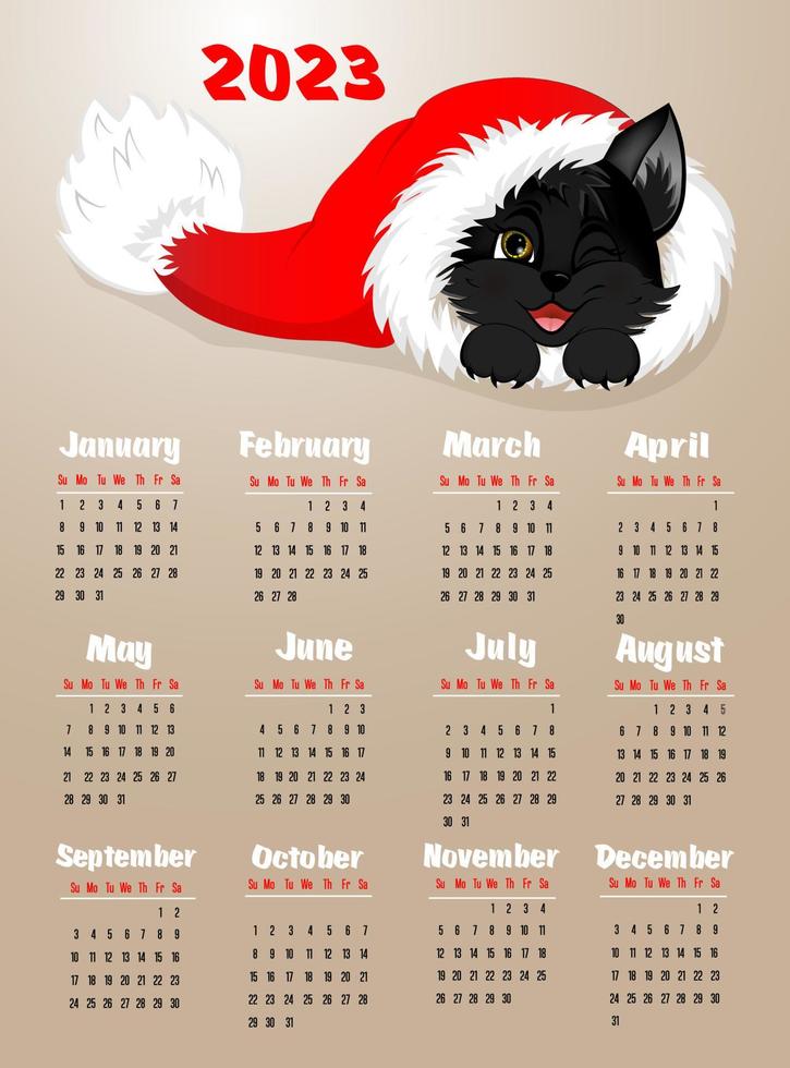 Calendar 2023 with black cat. Cute little cat in christmas hat. Week starts on Sunday. vector