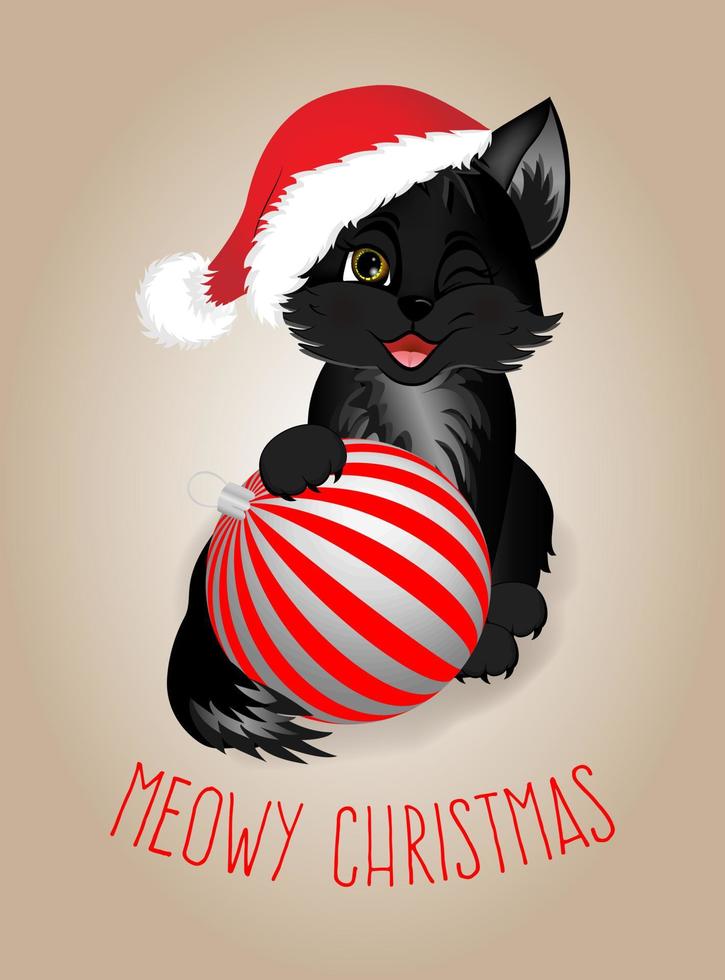 postal de saludo. feliz año nuevo y feliz navidad con gato negro y bola de navidad. vector