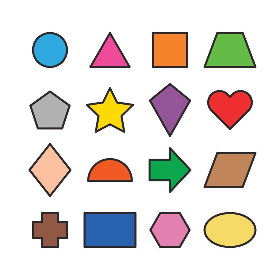 Collection of basic 2D shapes for kids learning, colorful geometric shape flash cards for preschool and kindergarten. Illustration of a simple 2 dimensional flat shape symbol set for education. vector