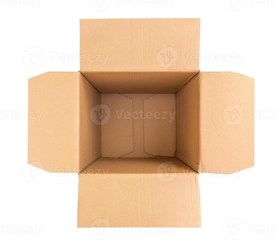 Open empty brown cardboard box isolated on white background top view photo