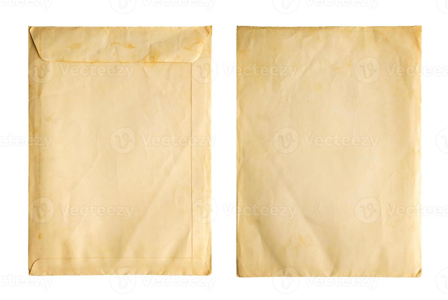 Old vintage paper sheet envelope texture isolated on white background photo