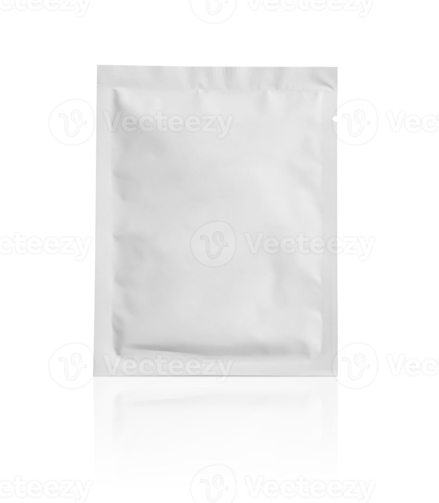 Blank white aluminium foil plastic pouch bag sachet packaging mockup isolated on white