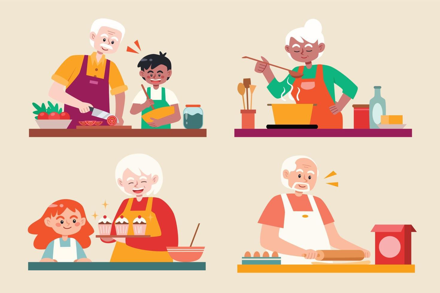 Elderly man and woman cooking vector