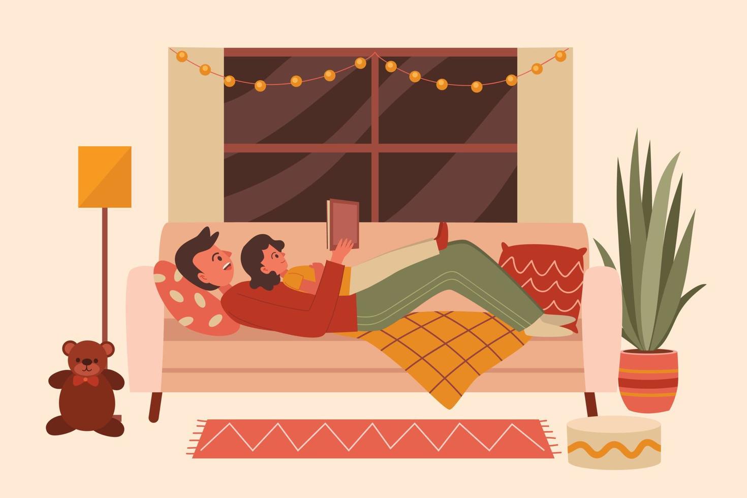 Father and daughter reading book at home vector