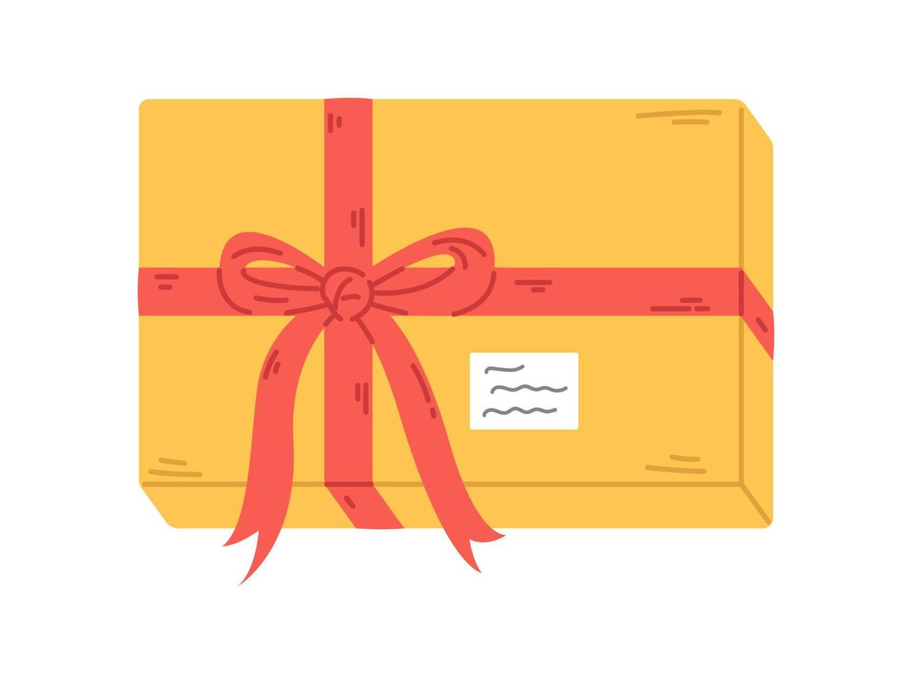 caja de regalo amarilla vectorial con etiqueta. presente con cinta roja y lazo. regalo con firma para navidad, cumpleaños u otra celebración. vector