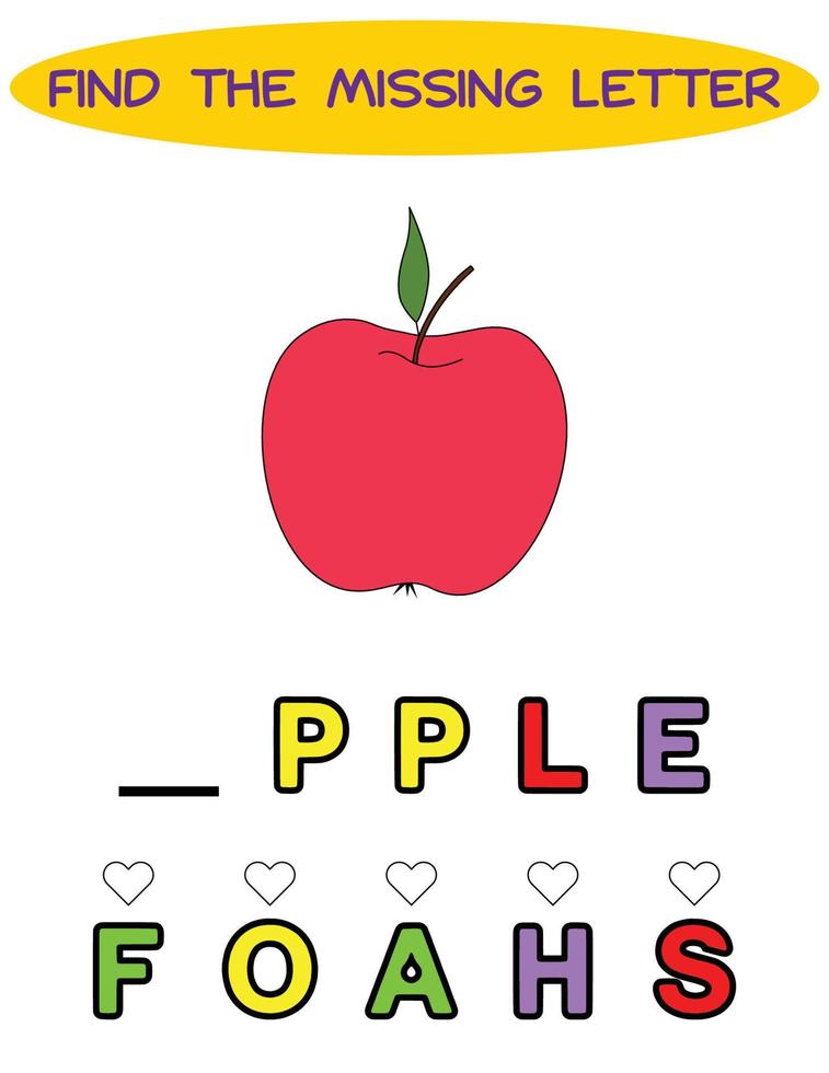 Find missing letter.Red Apple. Educational spelling game for kids.Education puzzle for children find missing letter of cute cartoon apple  printable bug worksheet vector