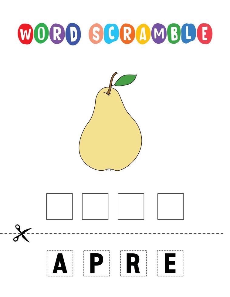 Pear Word scramble . Educational game for kids. English language spelling worksheet for preschool children vector