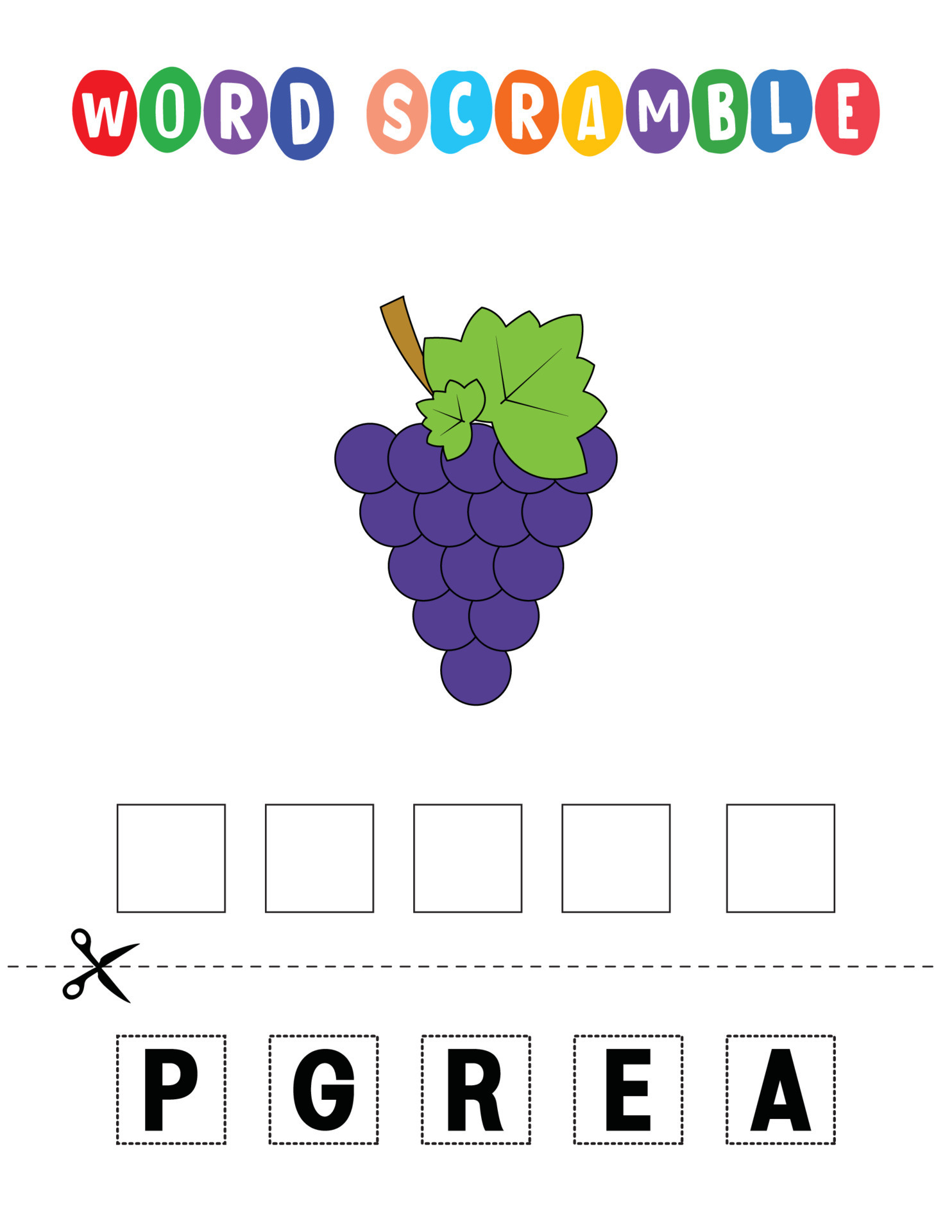 Grape Word scramble . Educational game for kids. English language