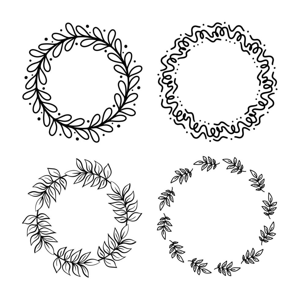 Vector hand drawn floral round frame with leaves and branches. Round abstract frames with doodle curls, swirls, twirls, waves and dots. Scribble elements for wedding, blogs, postcards, seasonal design
