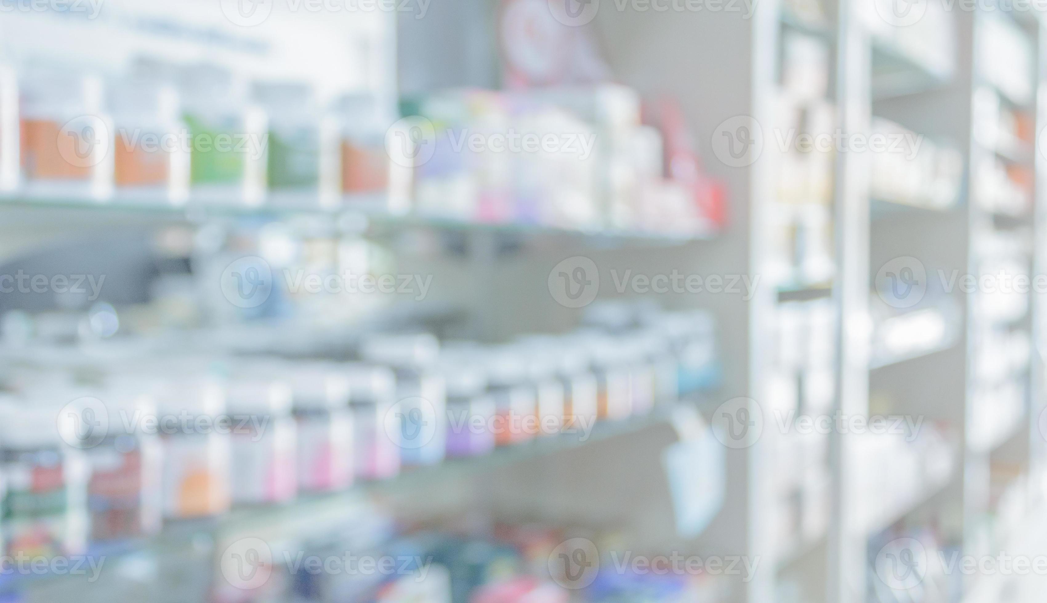 pharmacy drugstore shelves interior blurred abstract background