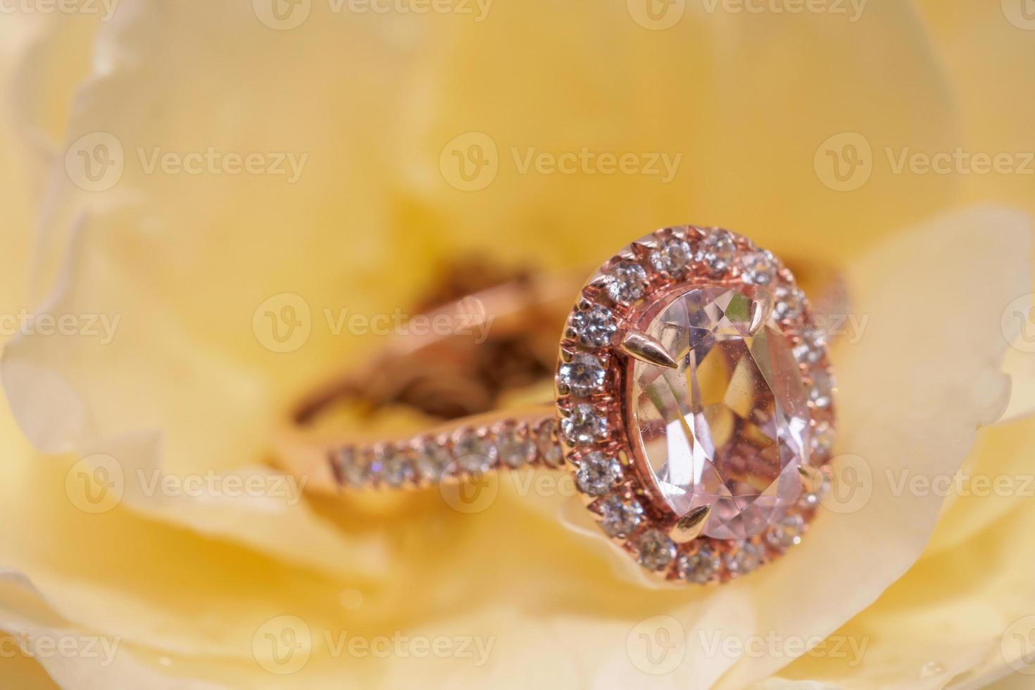 pink diamond ring on rose flower background photo