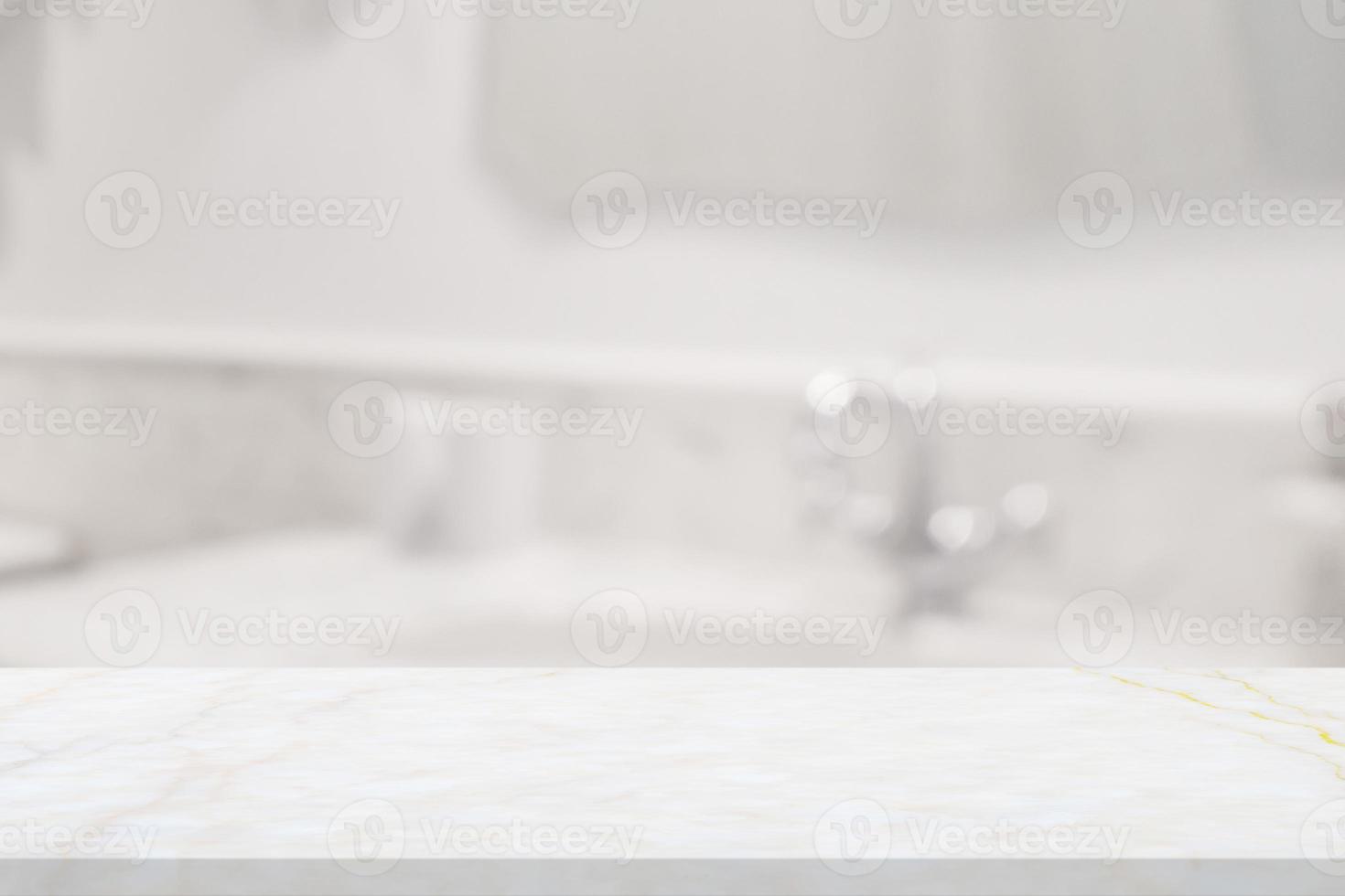 Empty white marble table top with blur bathroom background photo