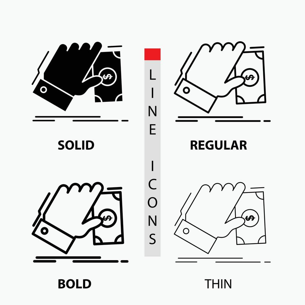business, hand, money, earn, dollar Icon in Thin, Regular, Bold Line and Glyph Style. Vector illustration