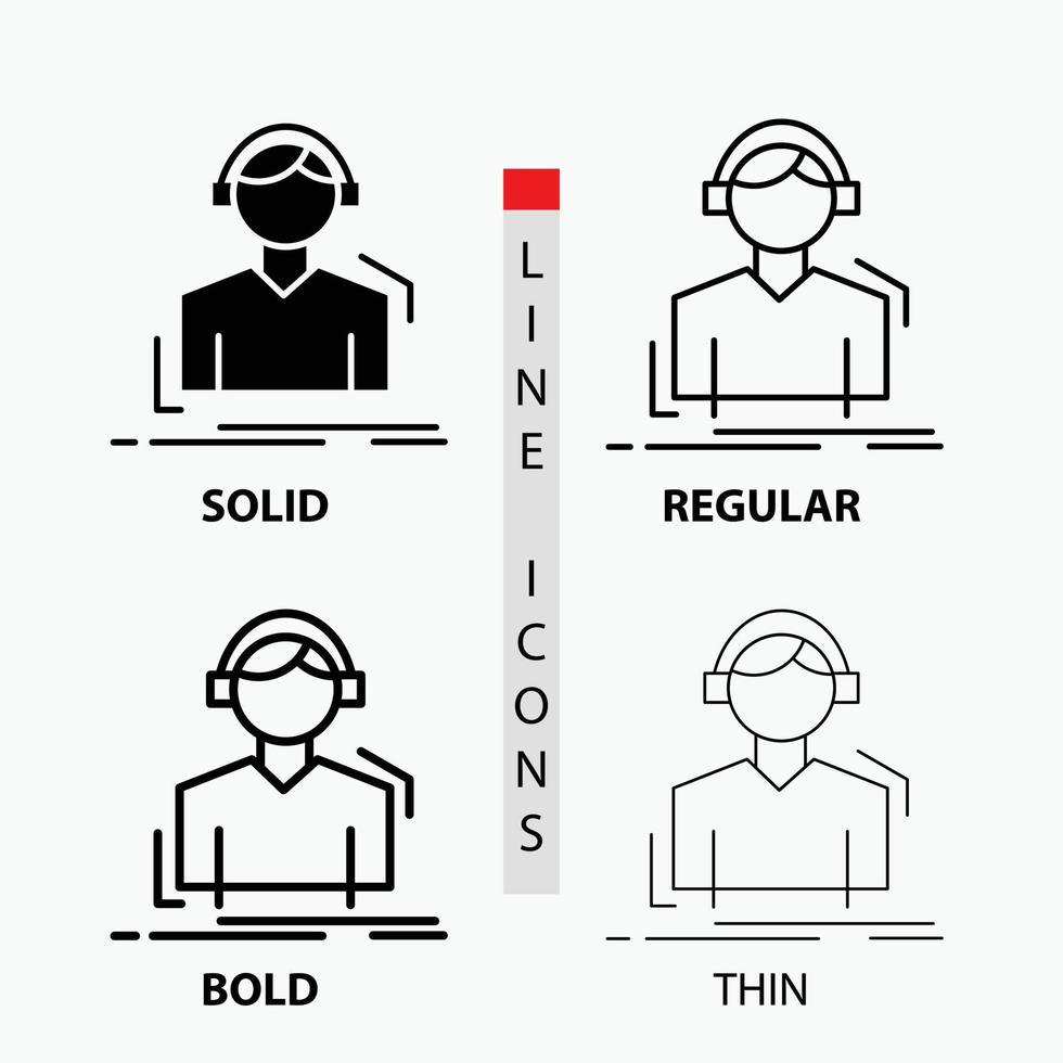 Engineer, headphones, listen, meloman, music Icon in Thin, Regular, Bold Line and Glyph Style. Vector illustration