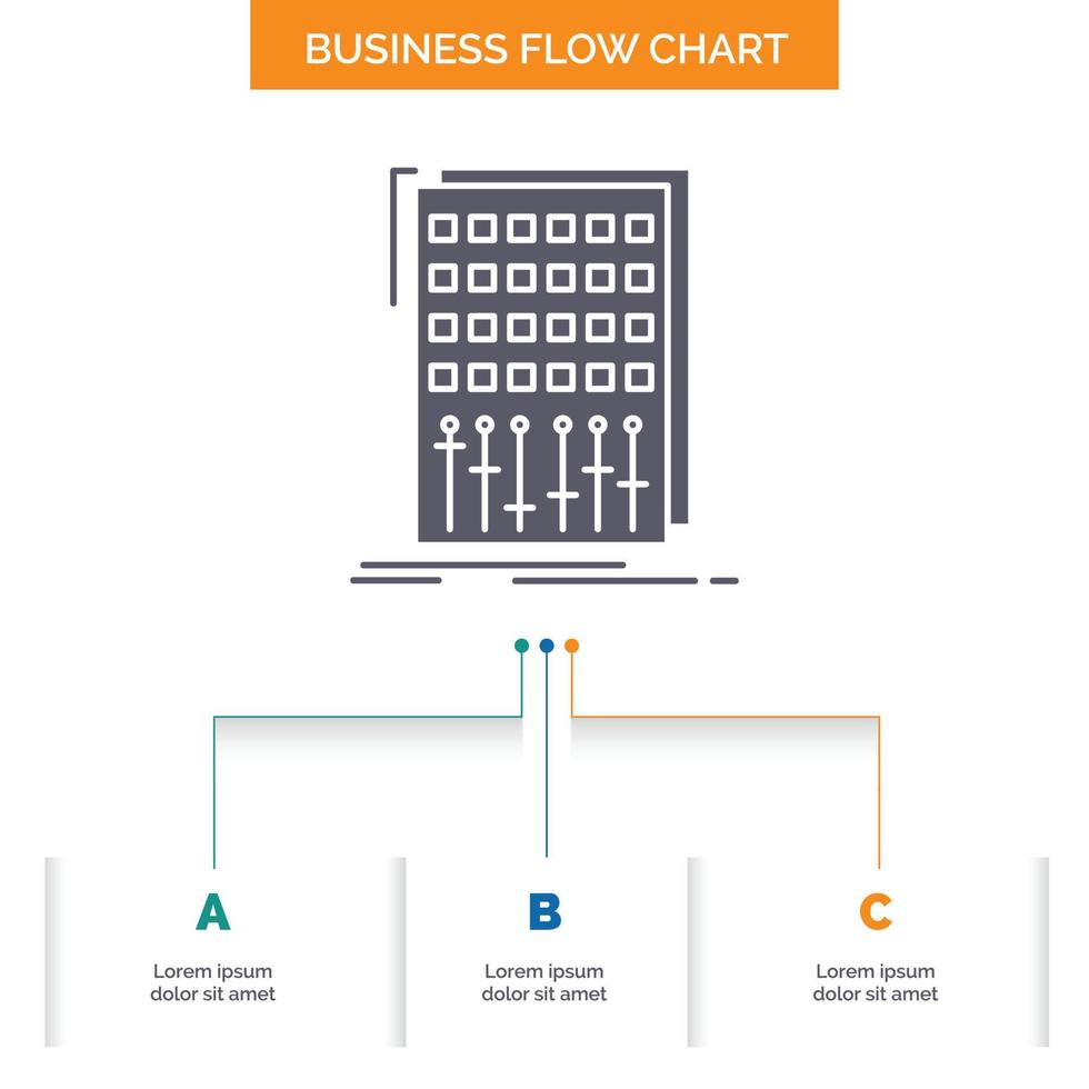 audio. control. mezcla. mezclador. diseño de diagrama de flujo de negocios de estudio con 3 pasos. icono de glifo para el lugar de plantilla de fondo de presentación para texto. vector