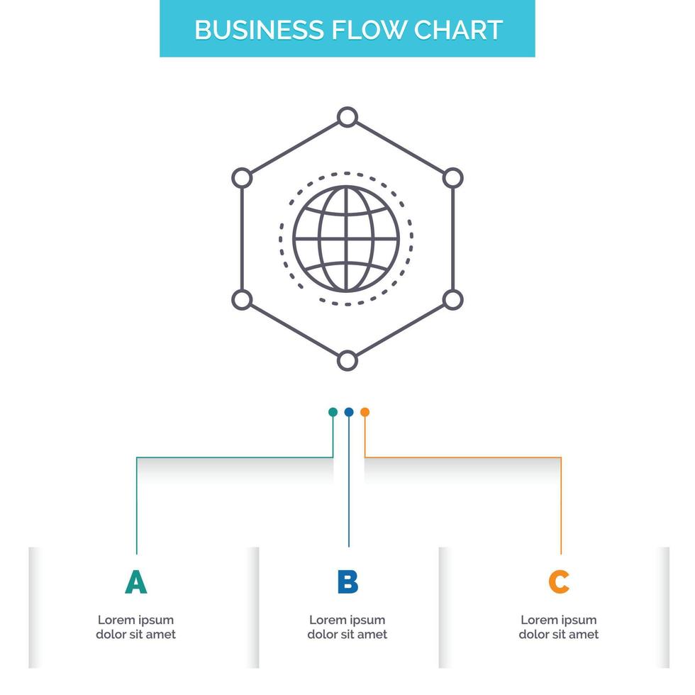 Network, Global, data, Connection, Business Business Flow Chart Design with 3 Steps. Line Icon For Presentation Background Template Place for text vector