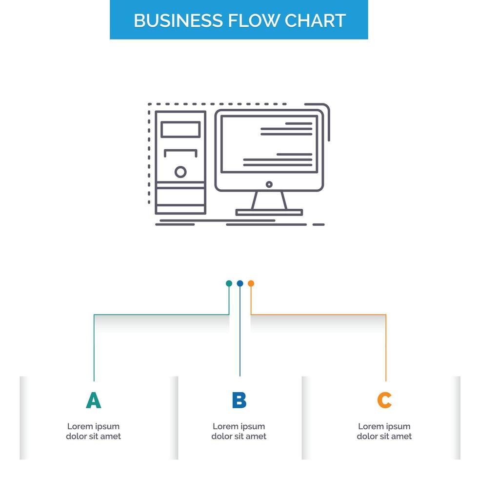 Computer, desktop, hardware, workstation, System Business Flow Chart Design with 3 Steps. Line Icon For Presentation Background Template Place for text vector