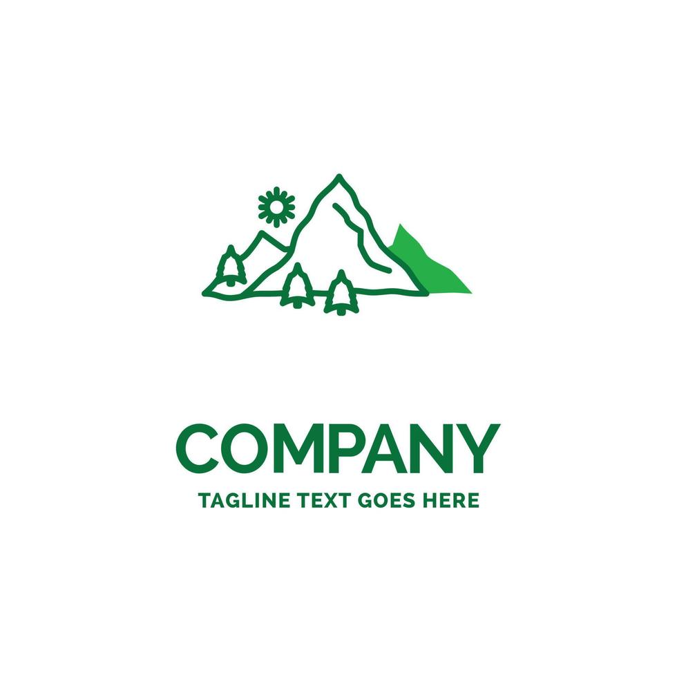 mountain. landscape. hill. nature. tree Flat Business Logo template. Creative Green Brand Name Design. vector