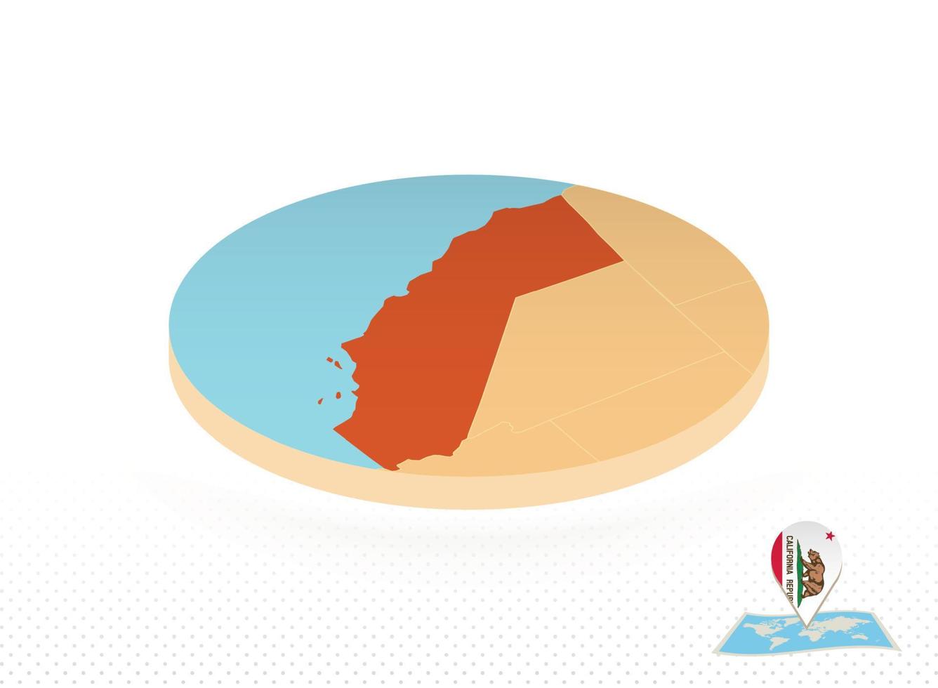 mapa del estado de california diseñado en estilo isométrico, mapa de círculo naranja. vector