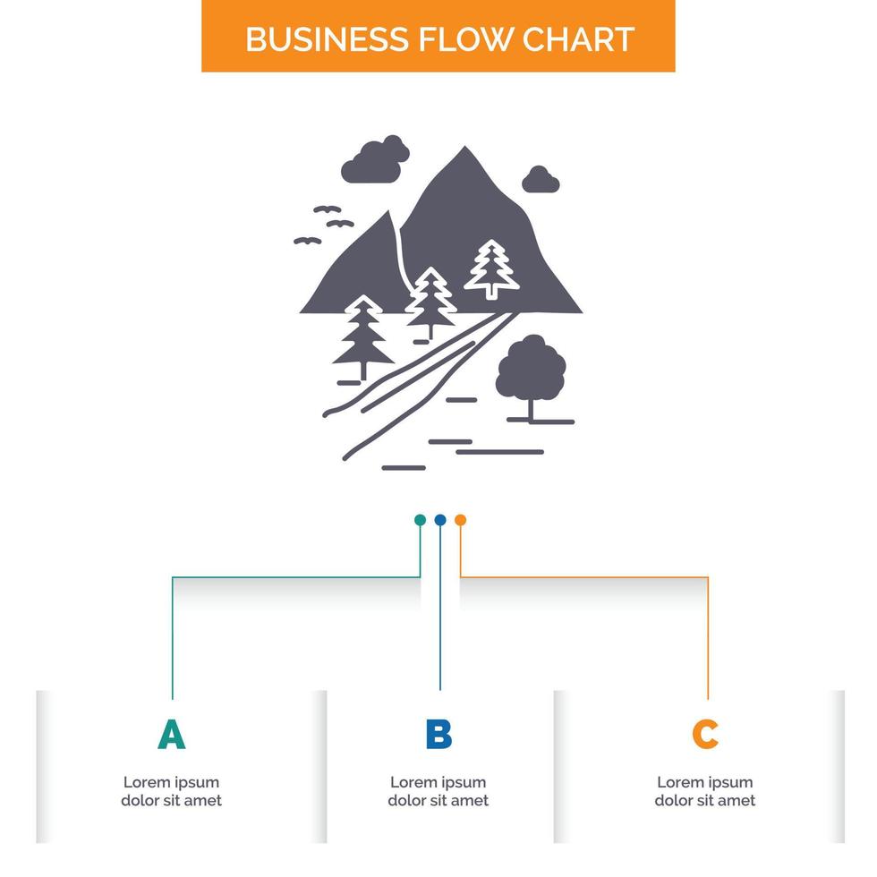 rocas árbol. Cerro. montaña. diseño de diagrama de flujo de negocios de naturaleza con 3 pasos. icono de glifo para el lugar de plantilla de fondo de presentación para texto. vector