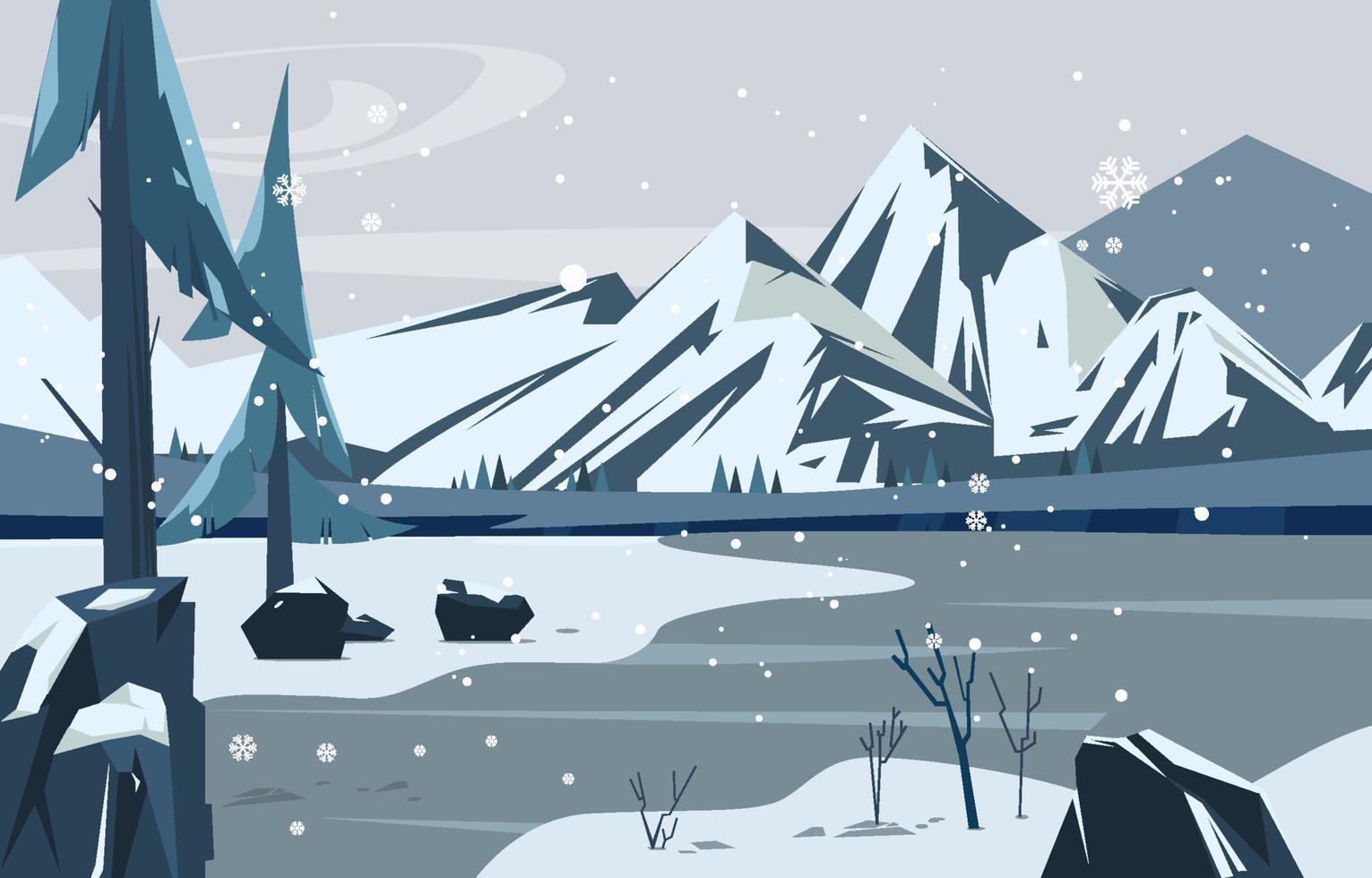 Winter Mountain With Snowflakes Background vector