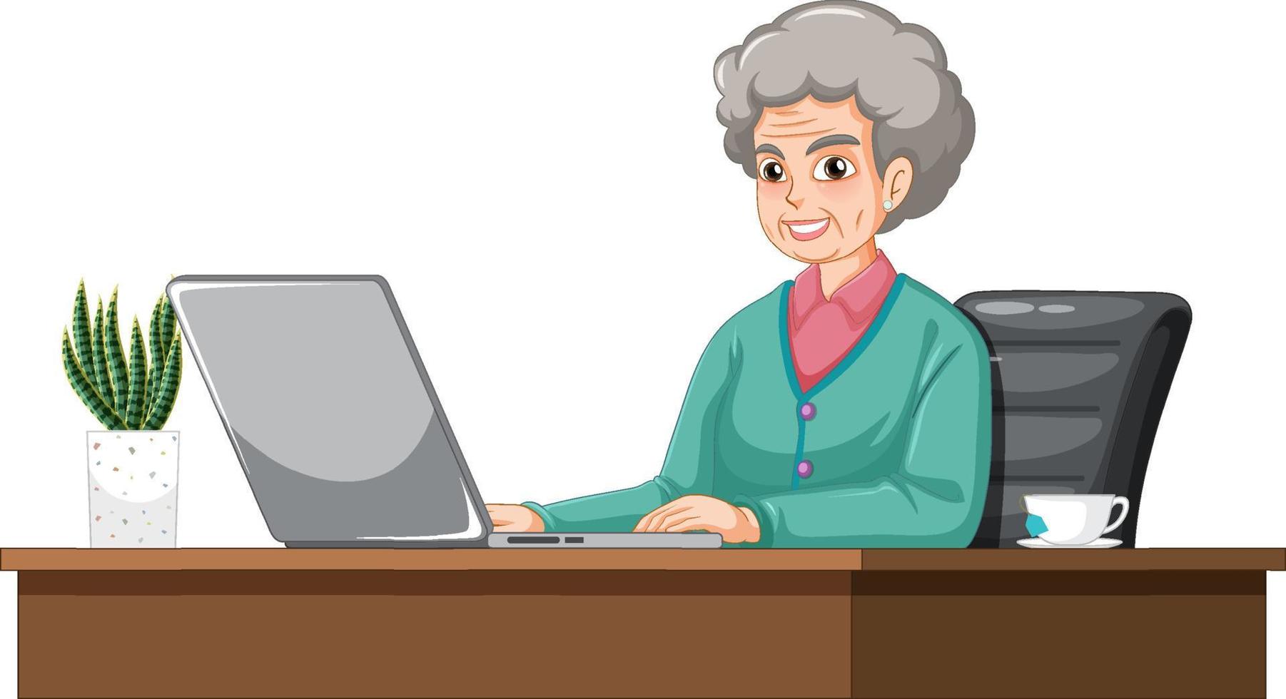 Old woman using laptop on the desk vector