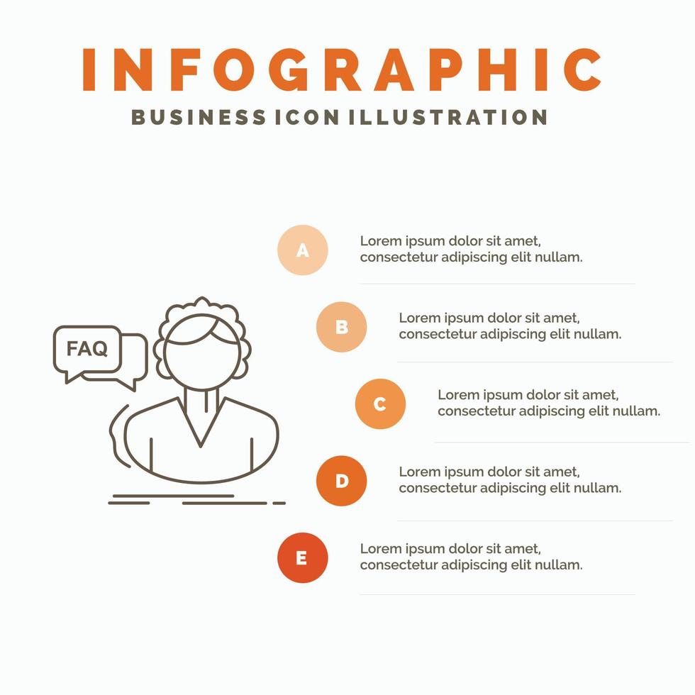 faq, asistencia, llamada, consulta, plantilla de infografía de ayuda para sitio web y presentación. icono de línea gris con ilustración de vector de estilo infográfico naranja