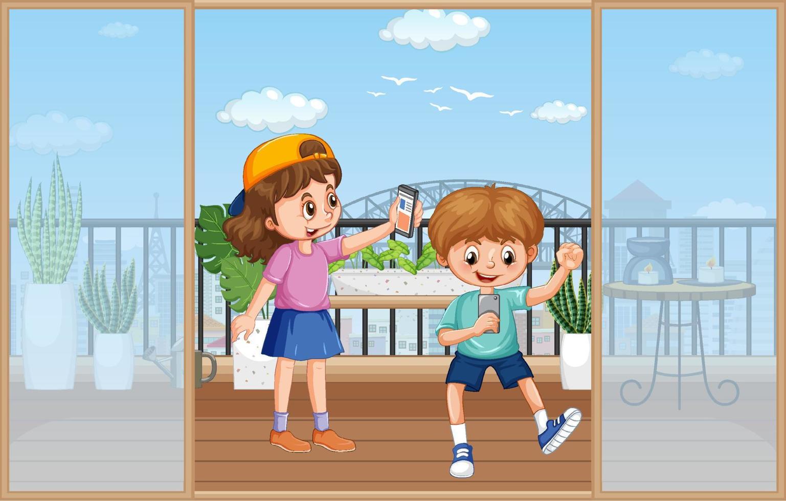 Children using smartphone at home vector