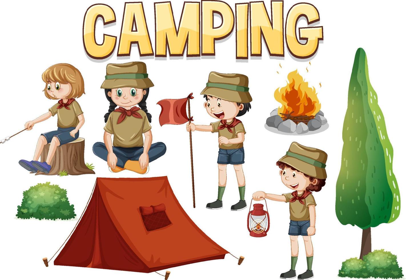 conjunto de personajes de dibujos animados para niños de camping vector