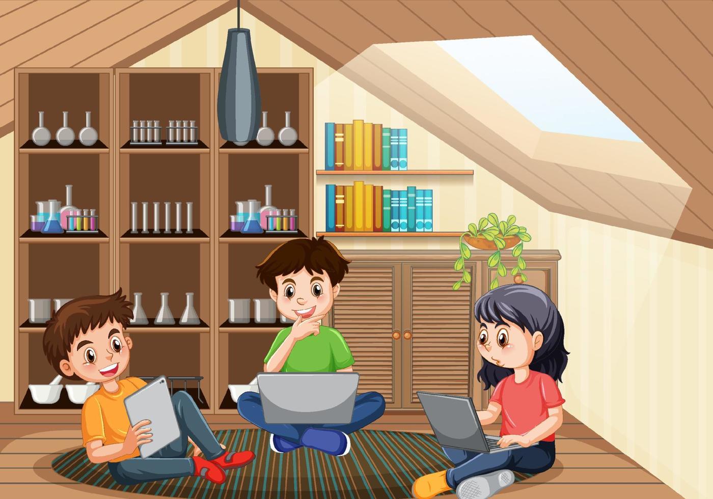 Children using technology devices at home vector