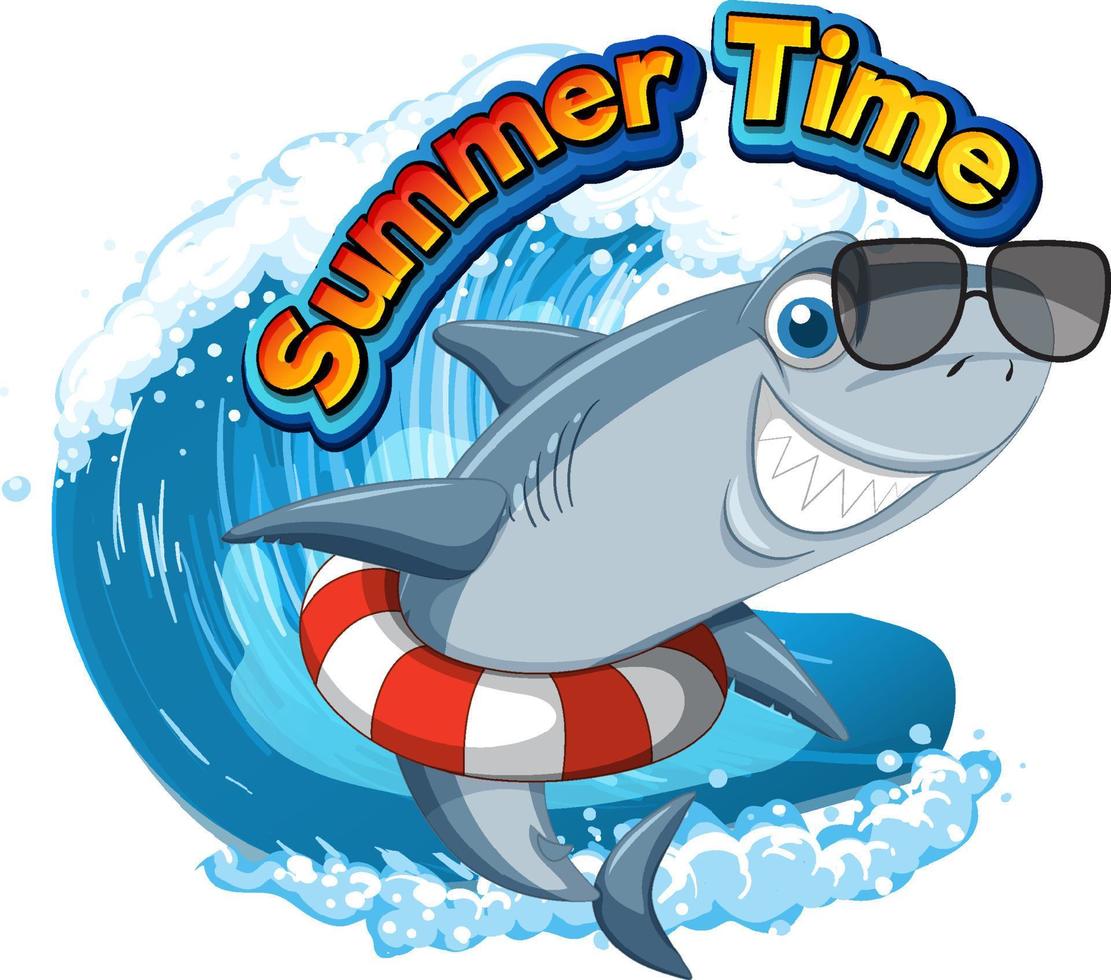 icono de horario de verano con personaje de dibujos animados de tiburón vector