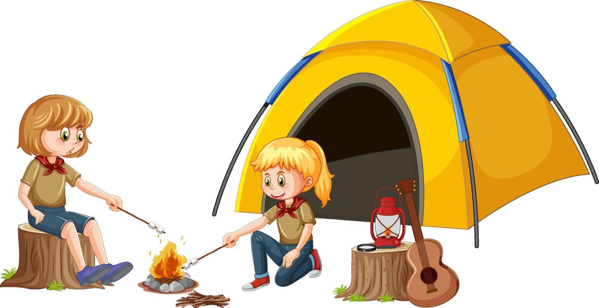 Happy kids at camping tent vector