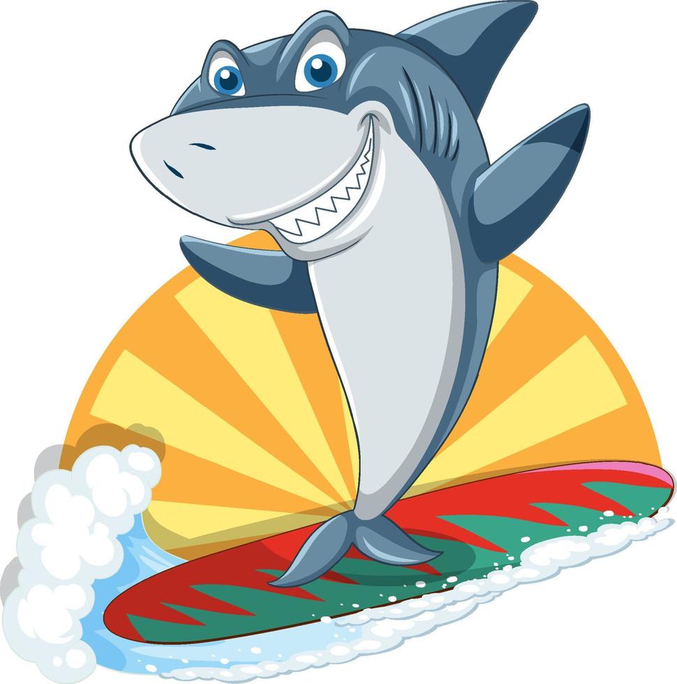 Shark on surfboard with ocean wave vector