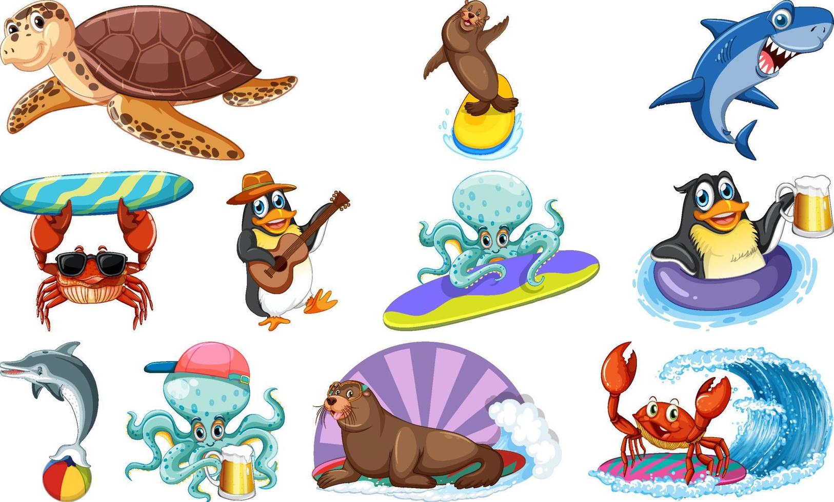 conjunto de varios personajes de dibujos animados de animales marinos vector