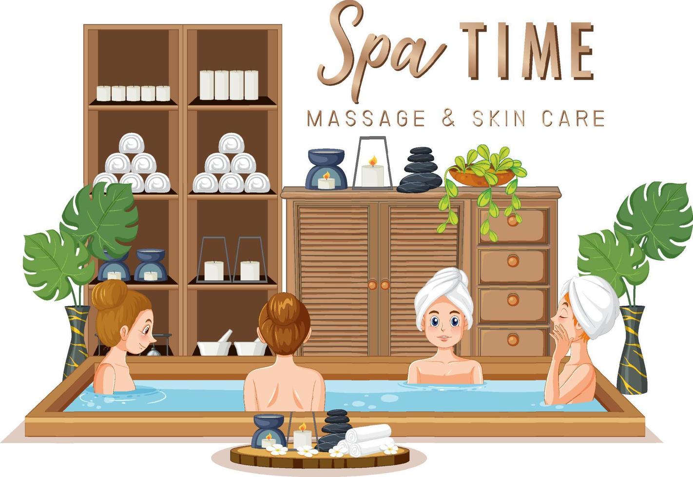 Spa time text with women in bathtub vector