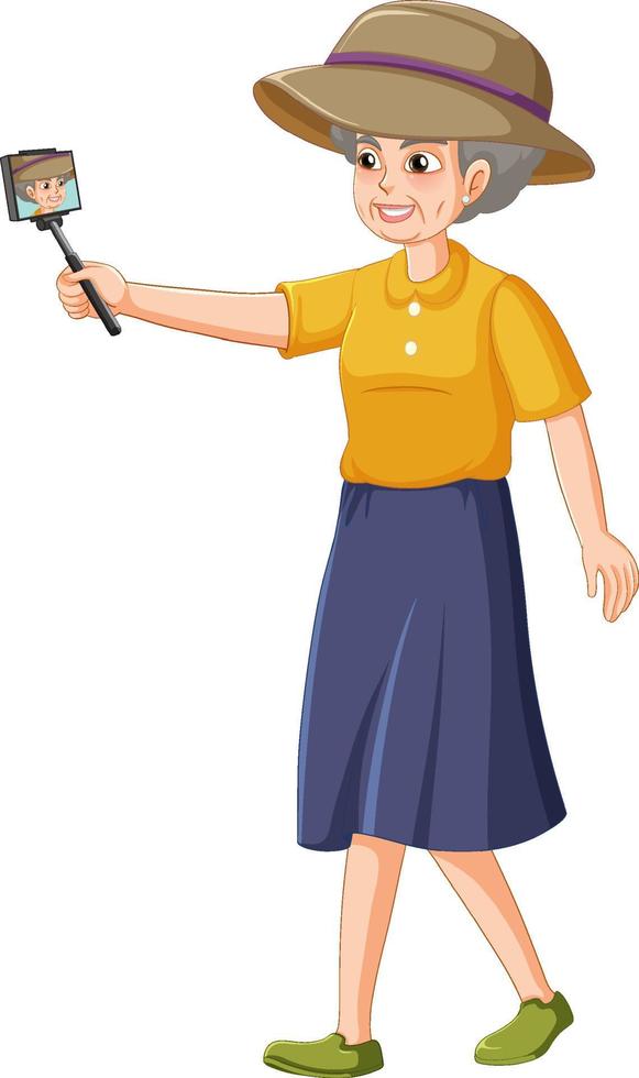 personaje de dibujos animados senior femenino tomando selfie vector