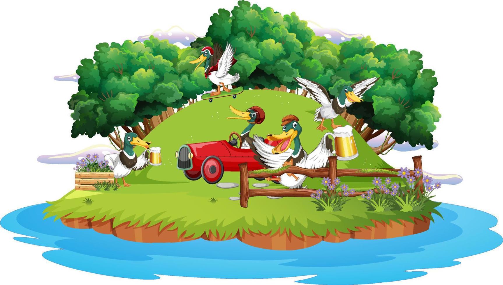 Happy duck group in nature scene vector