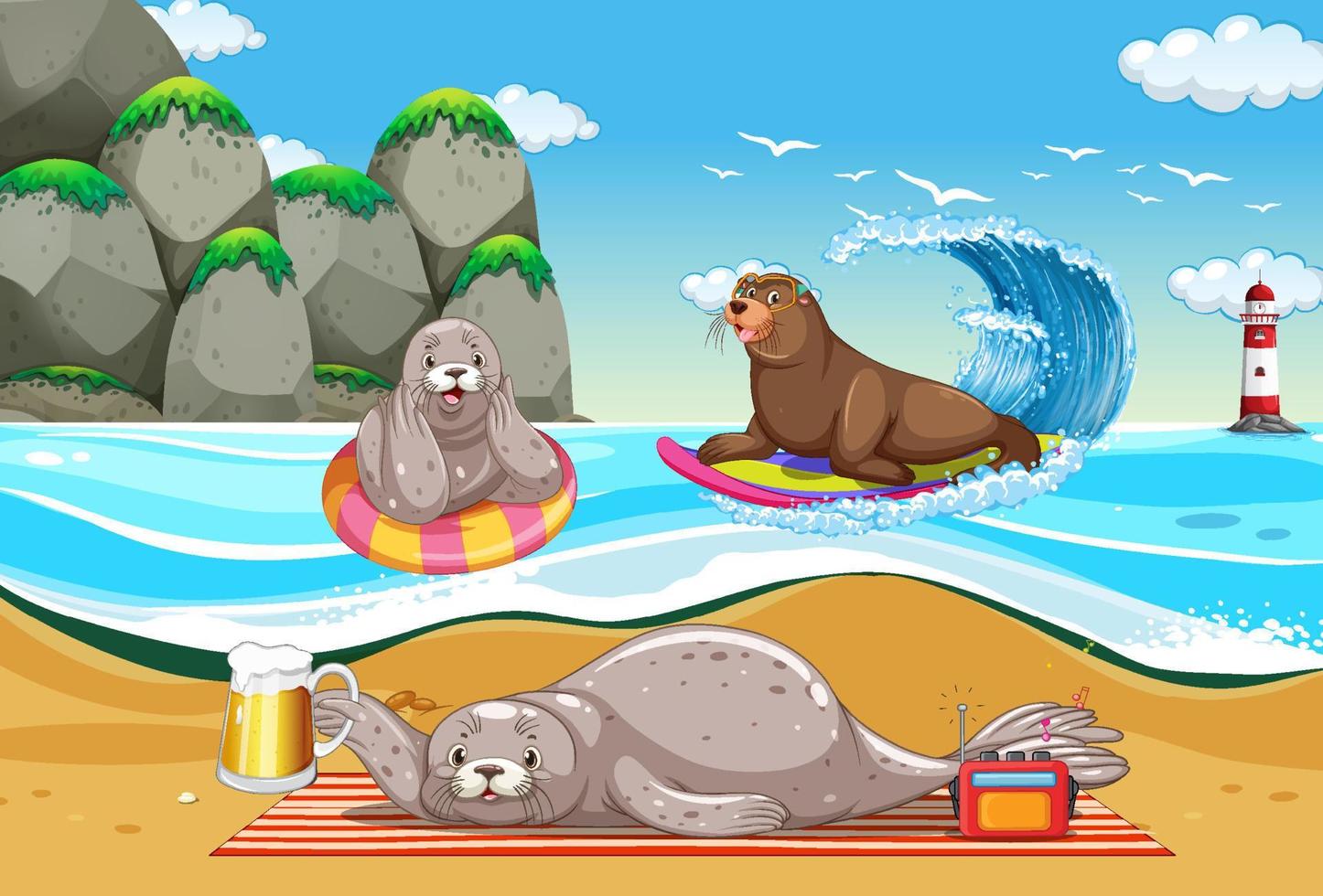 león marino y foca en la playa vector