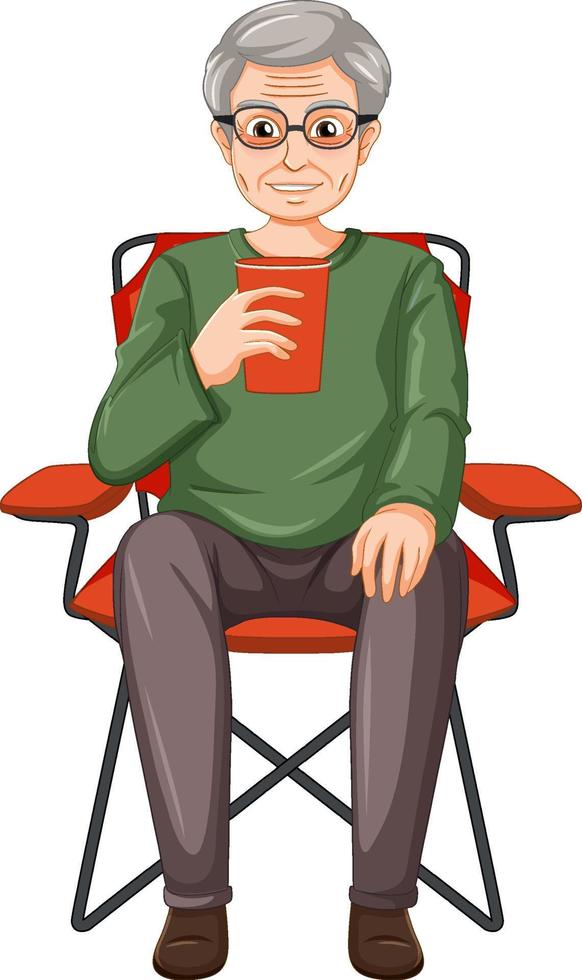 A male senior cartoon character drinking coffee on camping chair vector