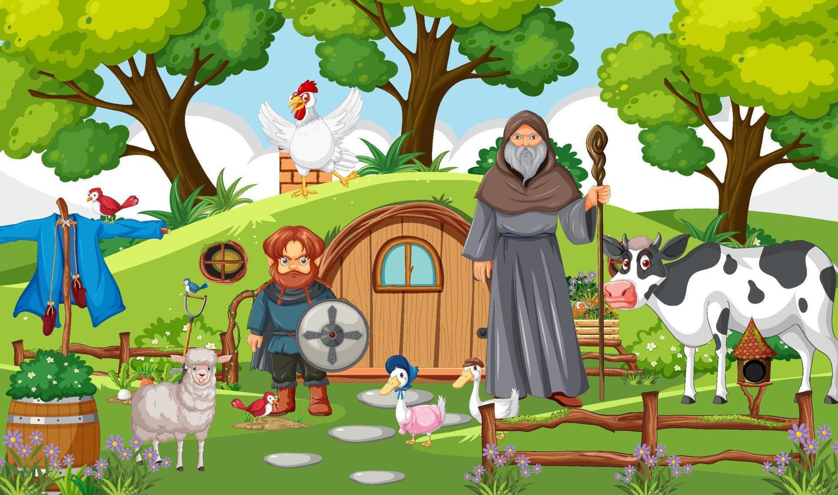 Enchanted scene with medieval cartoon characters vector