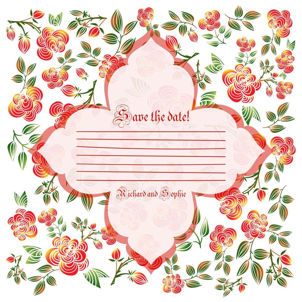 linda tarjeta de invitación de vacaciones con fondo de adorno rosa vector