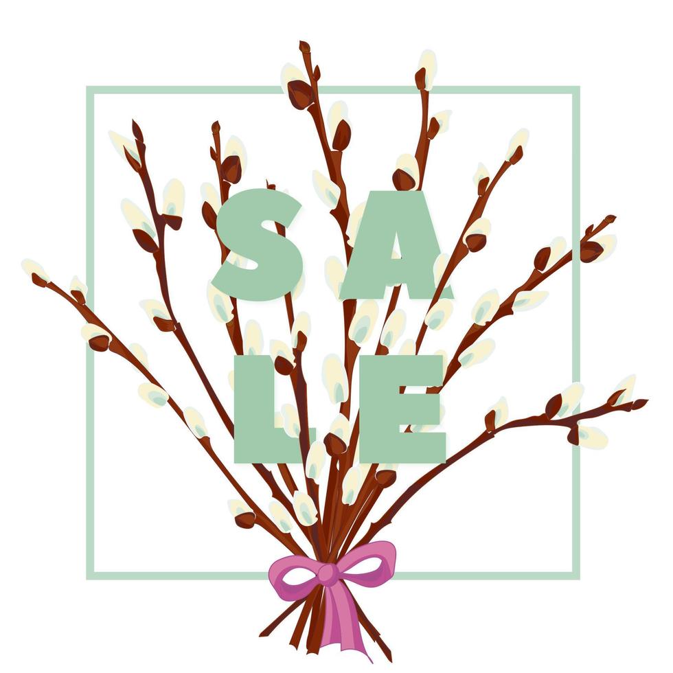 Floral pussy willow hand drawn colored card. Modern typography with text sale vector