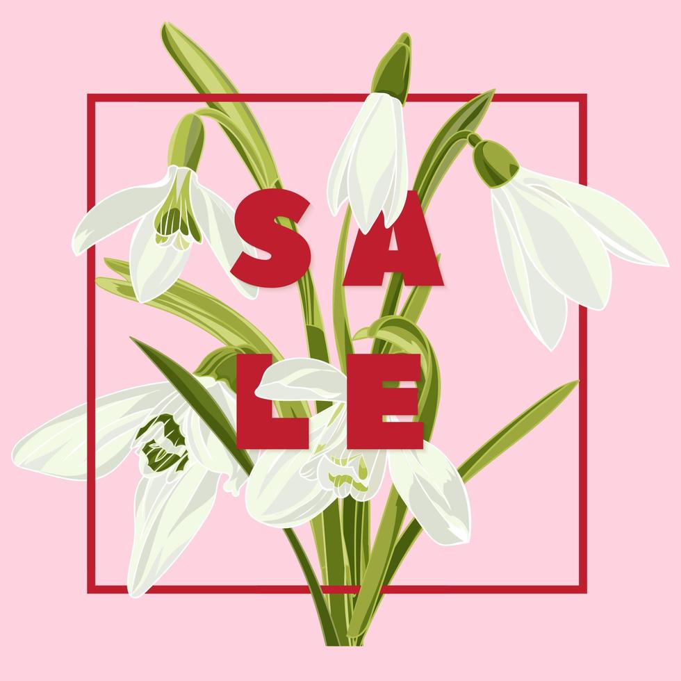 Floral snowdrops hand drawn colored card. Modern typography with text Sale vector