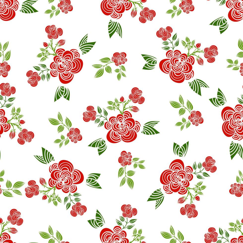 Decorative seamless patterns with red roses, leaves and branches. vector
