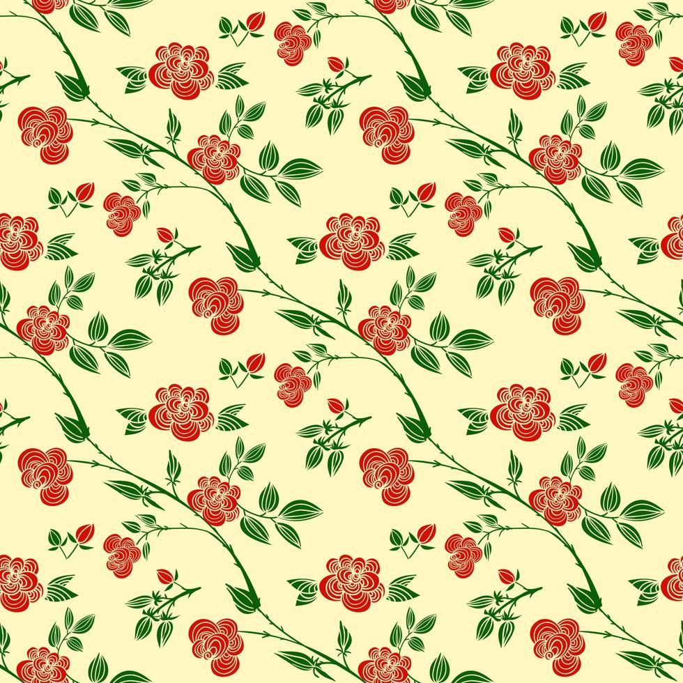 Decorative seamless patterns with red roses, leaves and branches. vector