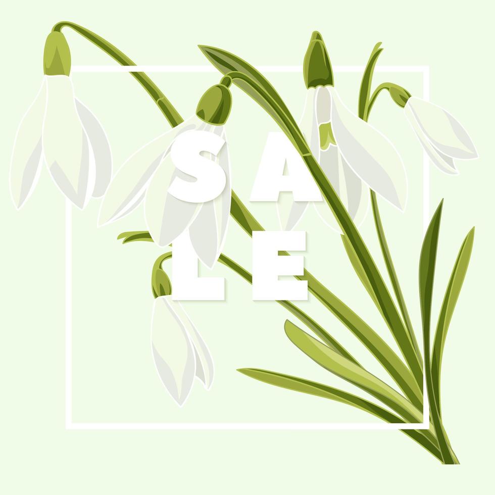 Floral snowdrops hand drawn colored card. Modern typography with text Sale vector