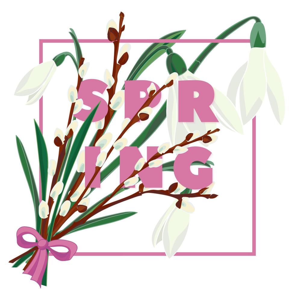 fondo floral de primavera con hermosa campanilla de invierno y flor de sauce vector