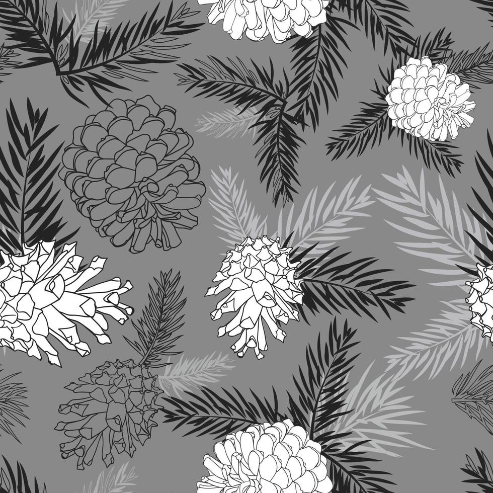 Fir tree branches with pine cone seamless background on gray vector